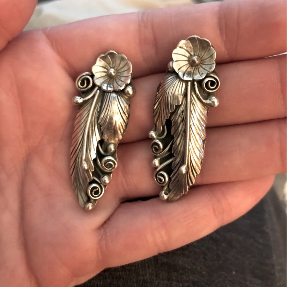 Signed sterling Navajo flower earrings